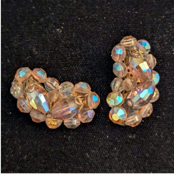 Vintage Aurora Borealis Glass Crystal Clip On Earrings - Picture 1 of 3